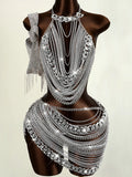 Sexy see through metal chain summer dress women night club birthday dress sets woman backless beach party short dresses vestidos