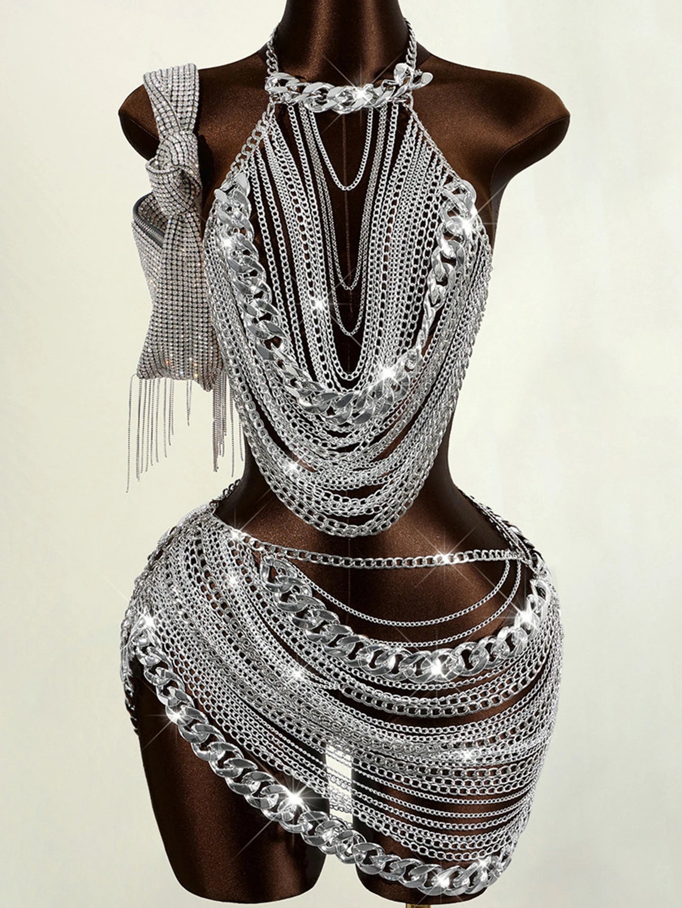 Sexy see through metal chain summer dress women night club birthday dress sets woman backless beach party short dresses vestidos