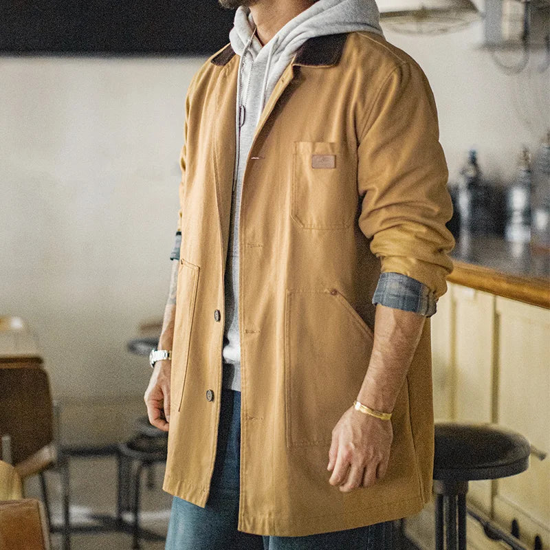 Maden Men’s Vintage Michigan Jacket Mid-length Barn Loose Fit Heavyweight Canvas Coat Khaki Workwear Autumn Casual Outerwear