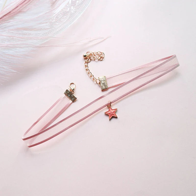 Women's Pink Lace Pearl Pendant Choker
