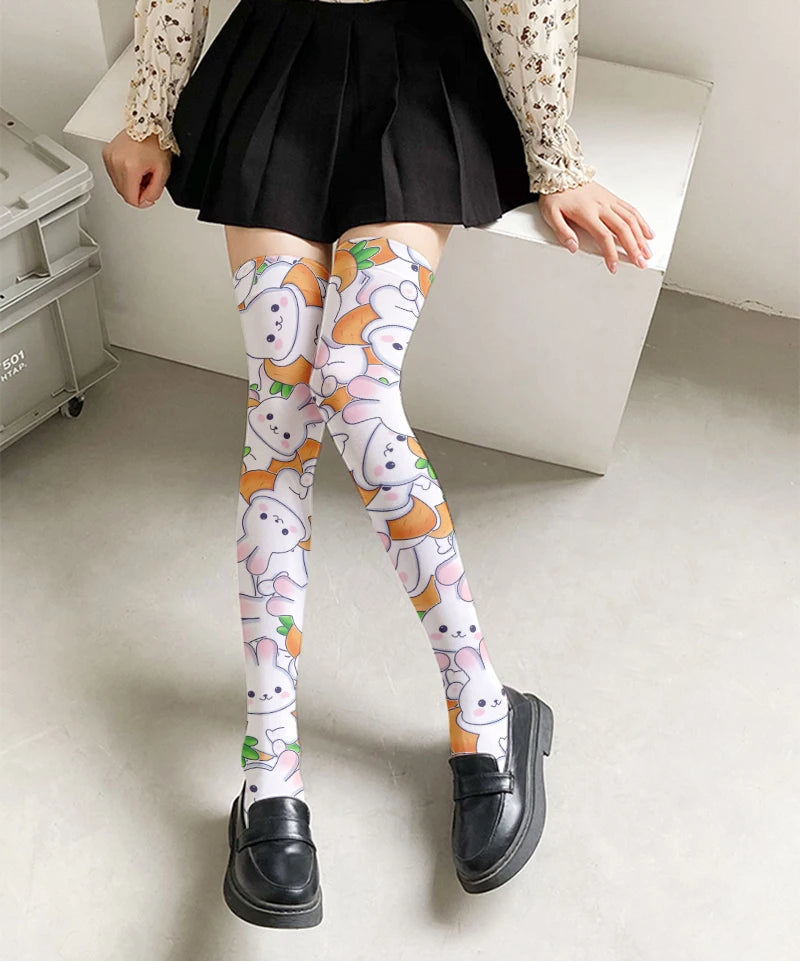 Japanese anime stockings new design cartoon rabbit print pink white over-the-knee socks cute sweet girl Lolita Harajuku stocking