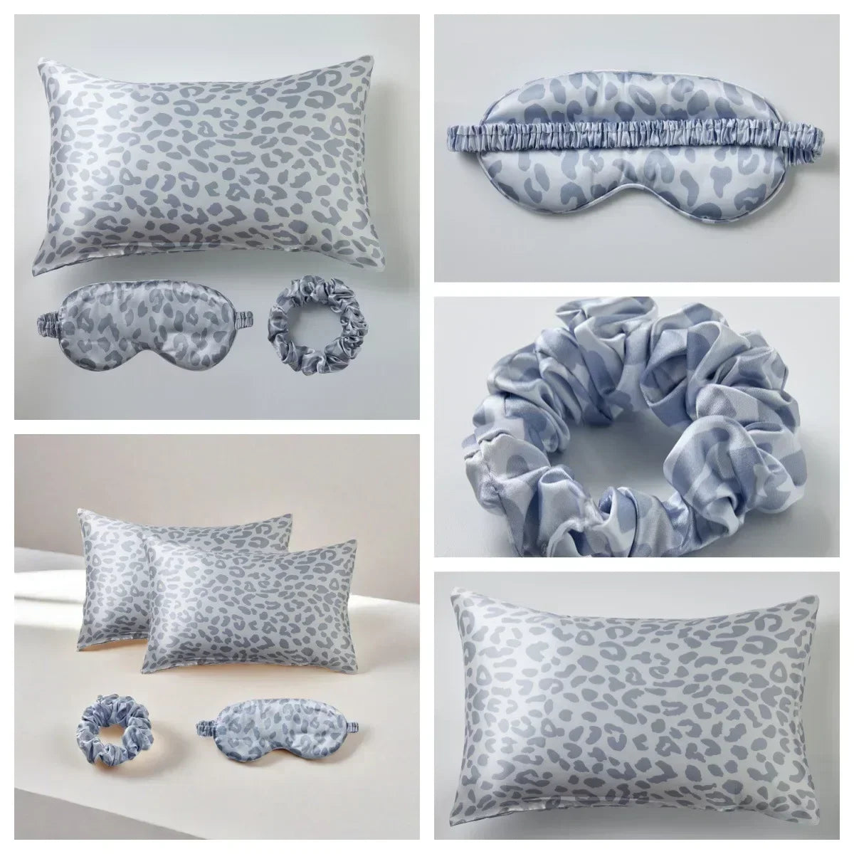 4-Piece Leopard Satin Pillowcase, Eye Mask & Scrunchie Set