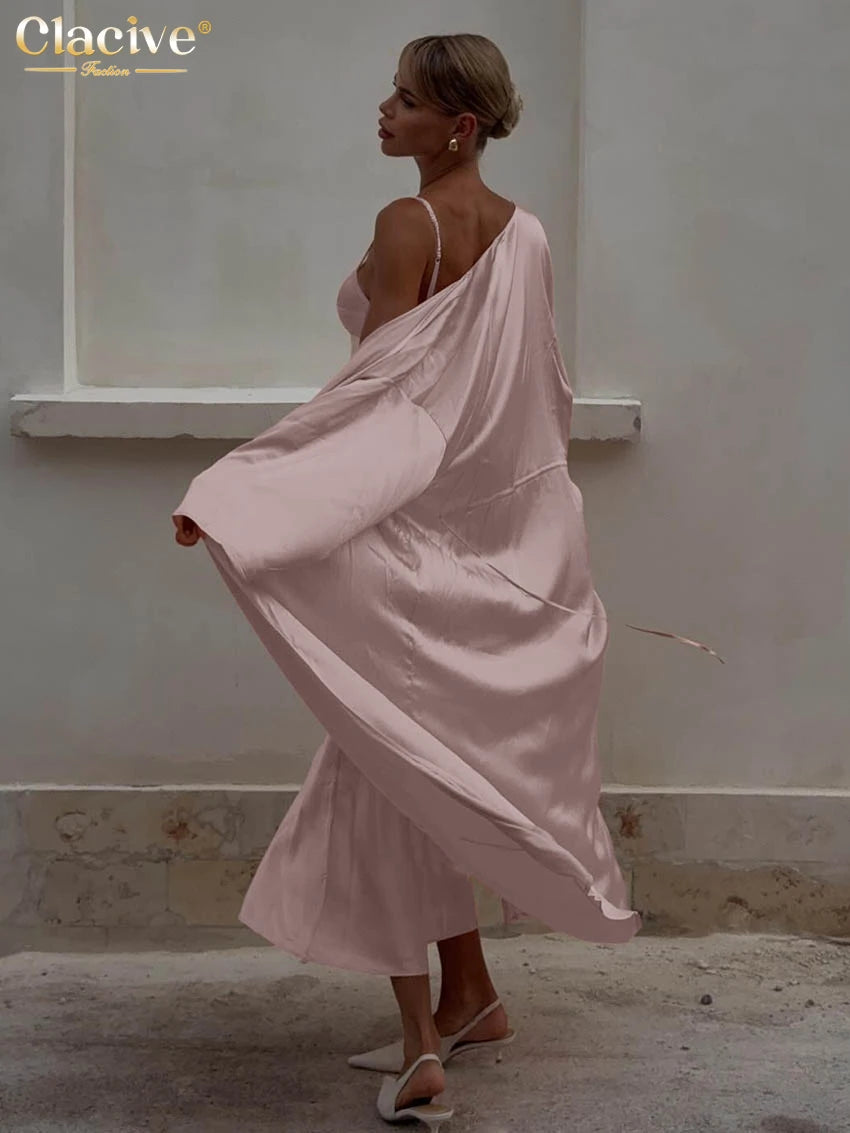 Clacive Sexy Loose Pink Satin Women's Two Pieces Set 2025 Fashion Long Sleeve Robes With Sleeveless Slit Long Dress Set Female