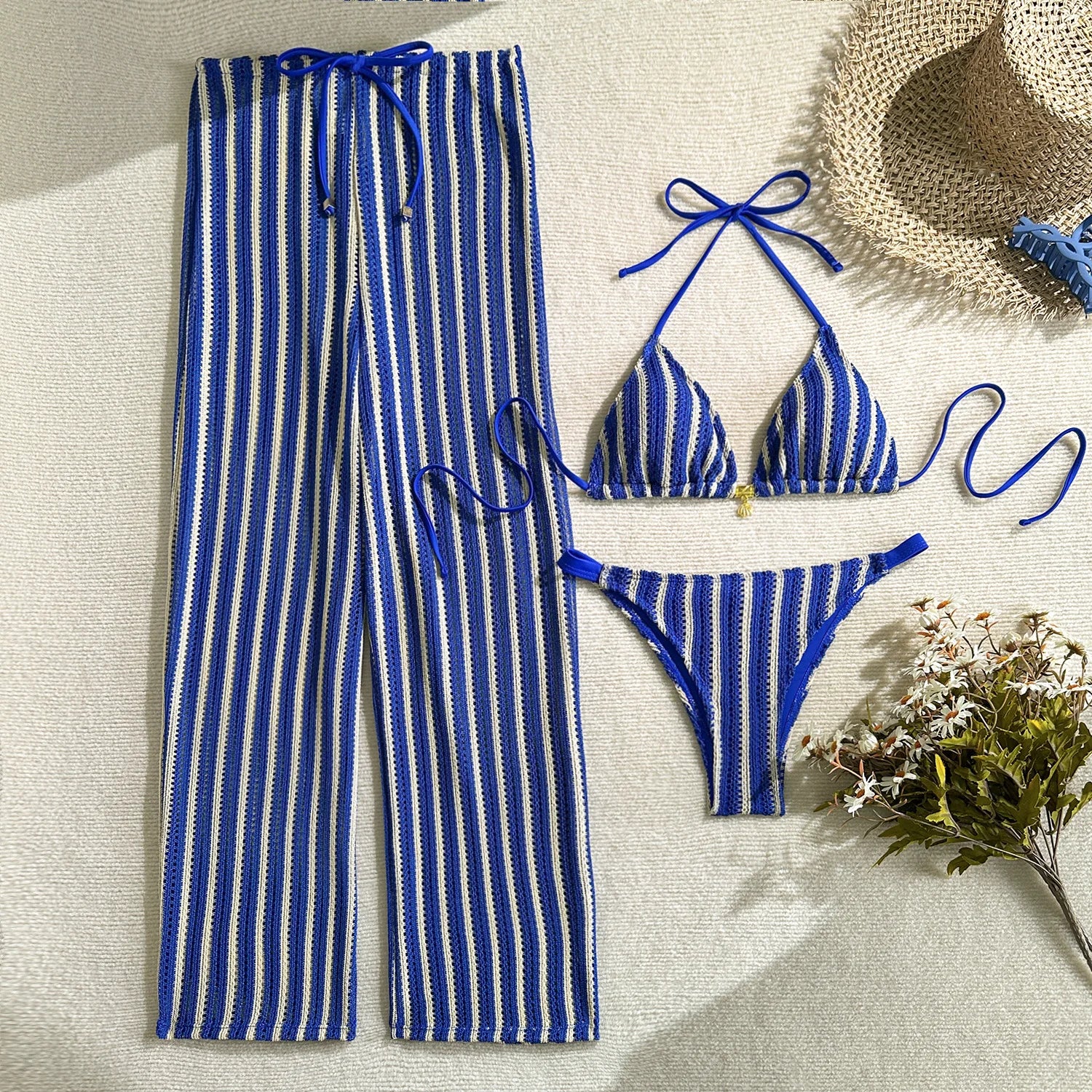 sexy knitted striped halter tie bikinis sets 3pcs with tie straight pants swimsuits beachwear bathing suit swimwear biquini