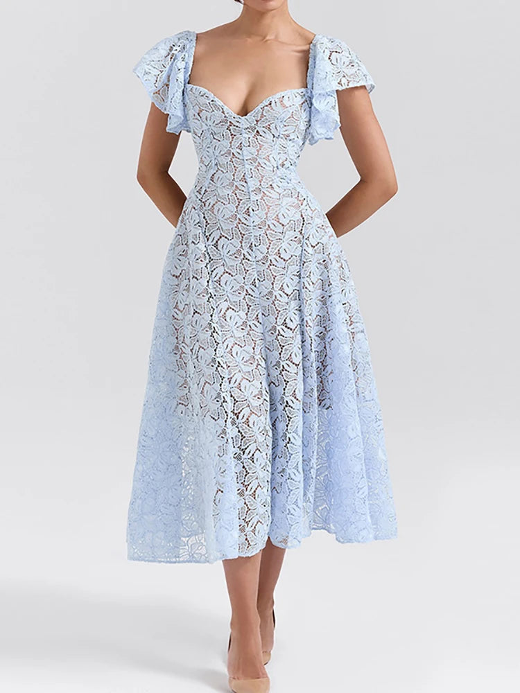 Sexy V Neck Butterfly Sleeve Evening Dress Women Elegant High Waist Solid A-Line Dress Fashion Embroidery Hollow Out Long Dress