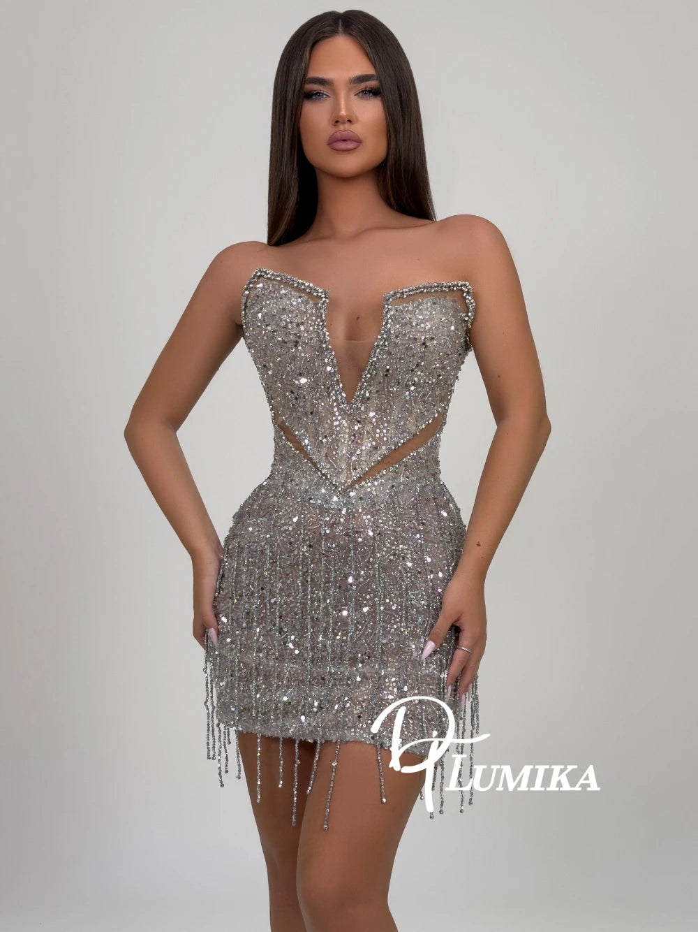 Sexy Silver Sequin Tassel Mini Cocktail Dress Women Cutout Shiny Homecoming Evening Gown For Birthday Club Night Out Customized