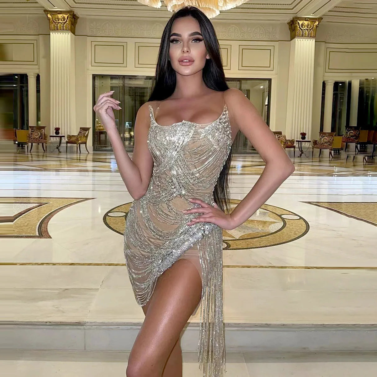 Luxury Dress Sexy Women's Shiny Beaded Rhinestone Dress Silver Stage Talent Performance Dress Birthday Celebration Party Dress
