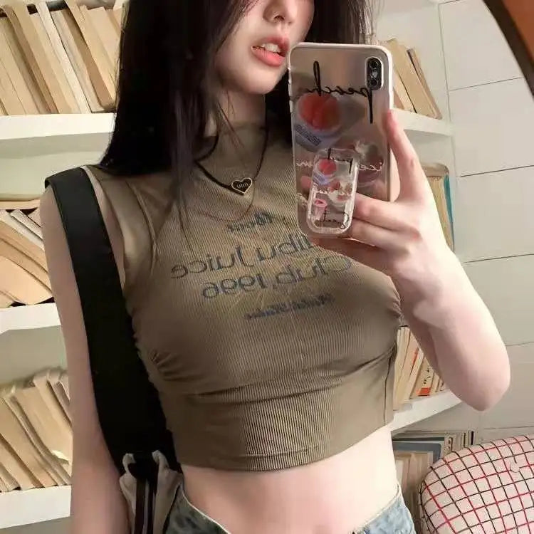 Y2K Letter Print Shirred Sleeveless Crop Top
