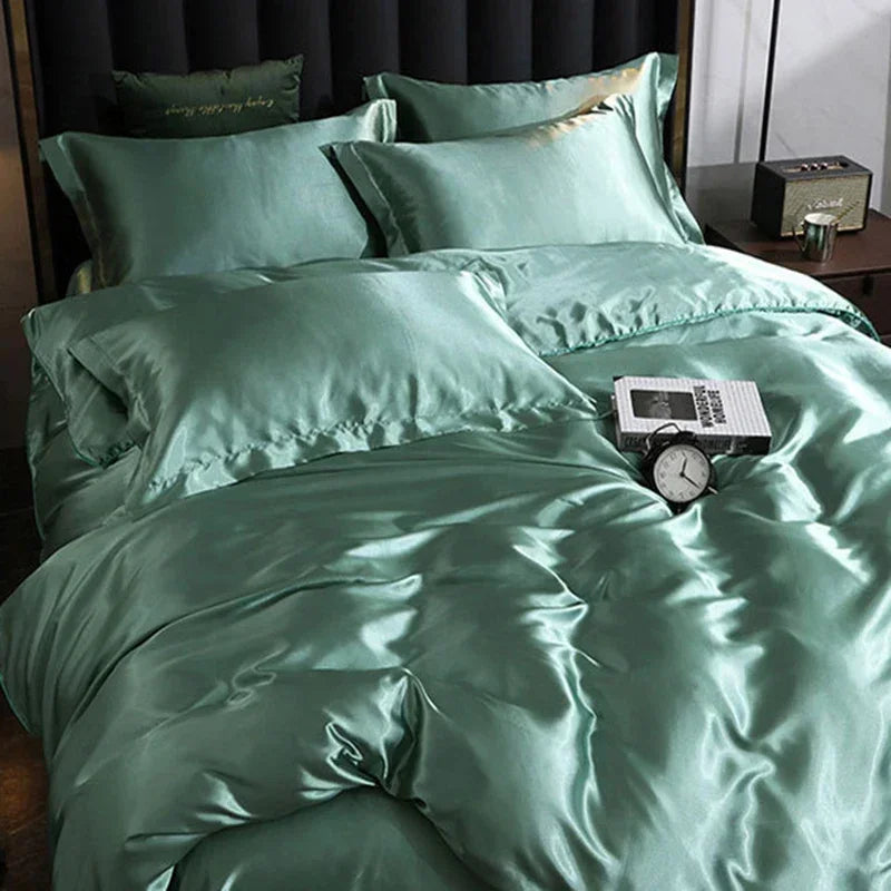Luxury Solid Color Silk Satin Bedding Set European Smooth Skin-Friendly Bedclothes Soft Breathable Home Textile for Four Seasons
