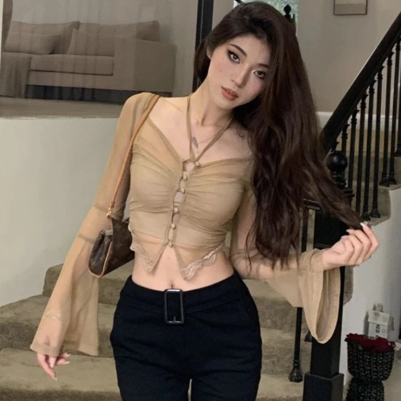 Sexy Halter T-shirts Women Clothes Hot Female Crop Tops Korean Fashion Ladies Streetwear See Through Long Sleeve Tees Pure Basic