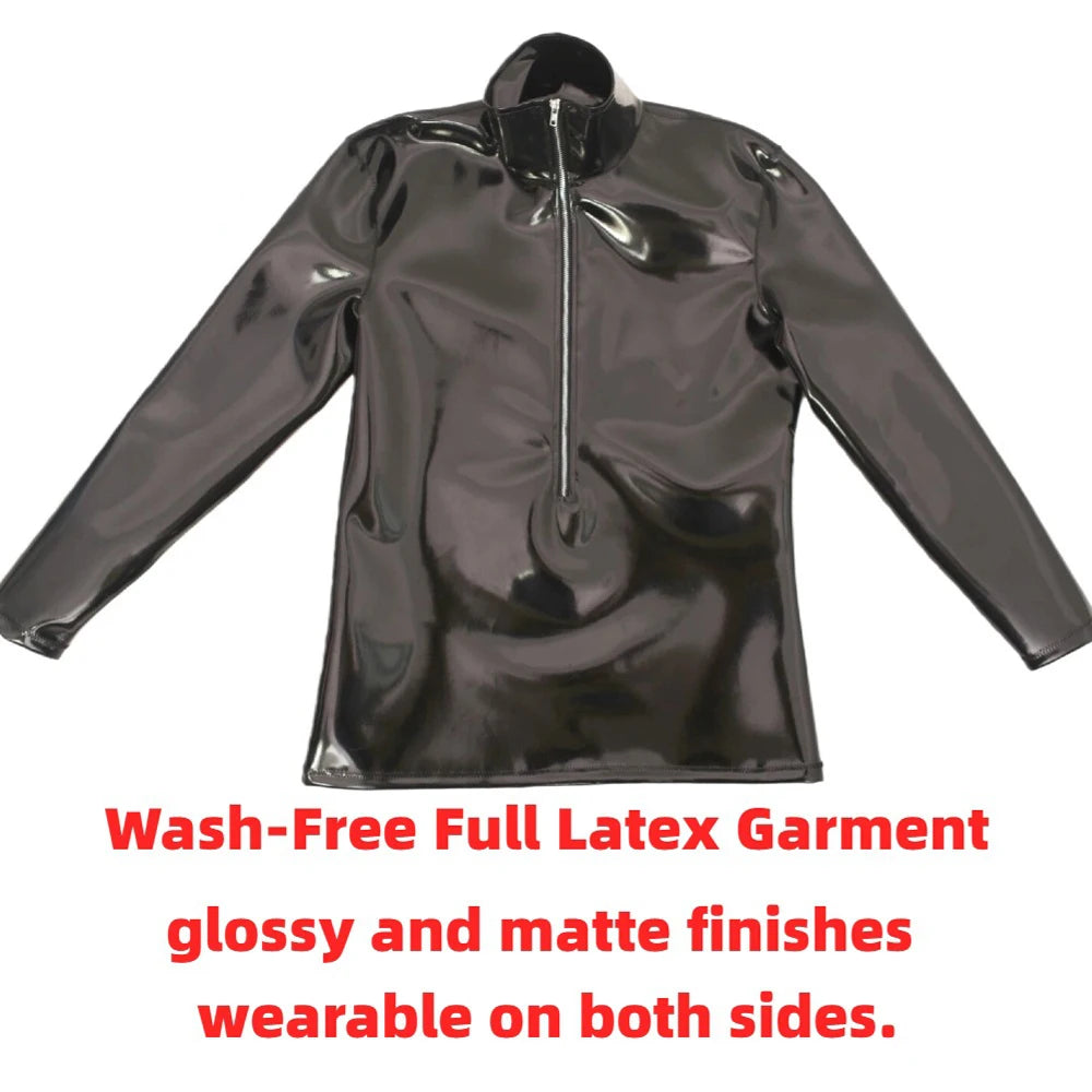 Sexy Men High Neck Long Sleeve T-shirt PU Double Side Top PVC Glossy Shiny Fashion Stage Wear Elastic Slim Tights Dance Wear