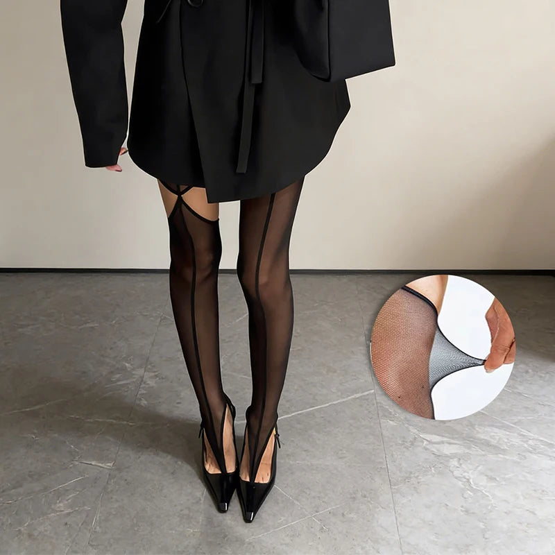 Black Seamed Tights Women Sexy Hollow Out Footed Sheer Pantyhose 2026 Spring Nylon Thin Mesh See Through Stocking