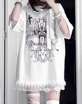 New Off-the-shoulder Subculture Cotton Tee Japanese Punk Gothic Print Dark Loose T-shirt Short/Long Sleeves Y2K Girls Cool Tops