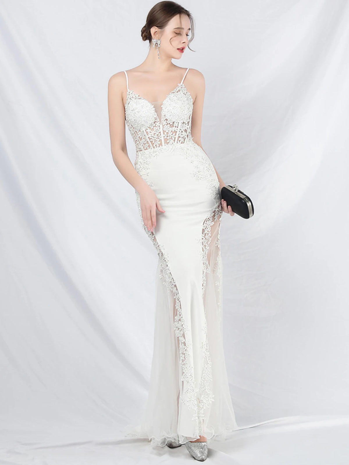 Women's Sheer Lace Mesh Maxi Evening Dress
