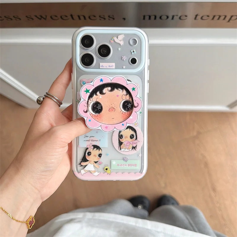 Kawaii Cartoon Girl Print For MagSafe Phone Case For iPhone 15 16 17 Pro Max With Flower Stand Shockproof Cover fashion phone ca