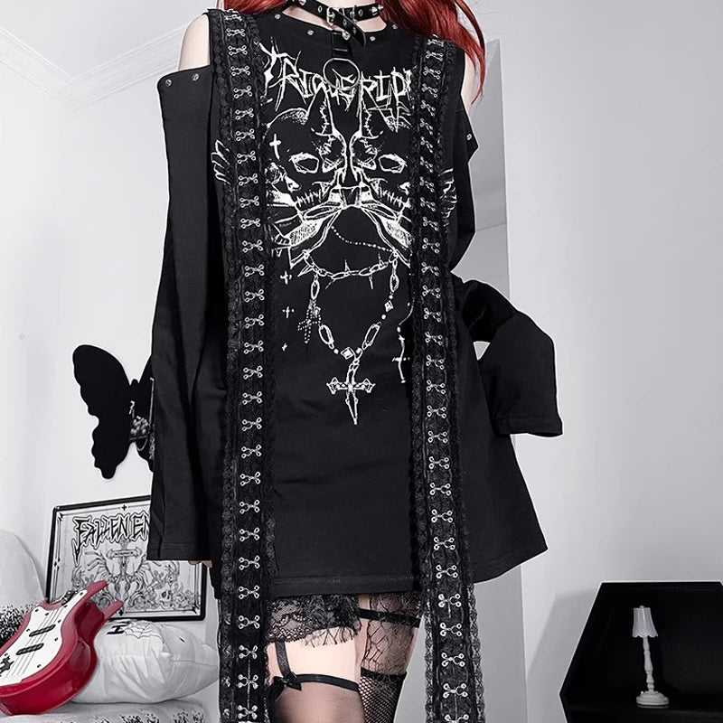 New Off-the-shoulder Subculture Cotton Tee Japanese Punk Gothic Print Dark Loose T-shirt Short/Long Sleeves Y2K Girls Cool Tops