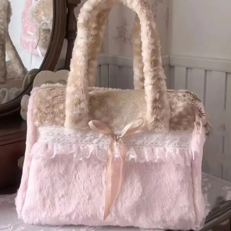 Plush Bow Lace Tote Bag