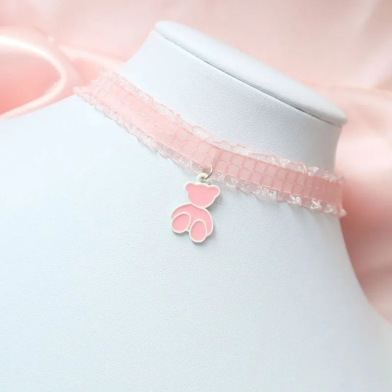 Pink Star, Bow & Bear Lace Choker Necklace