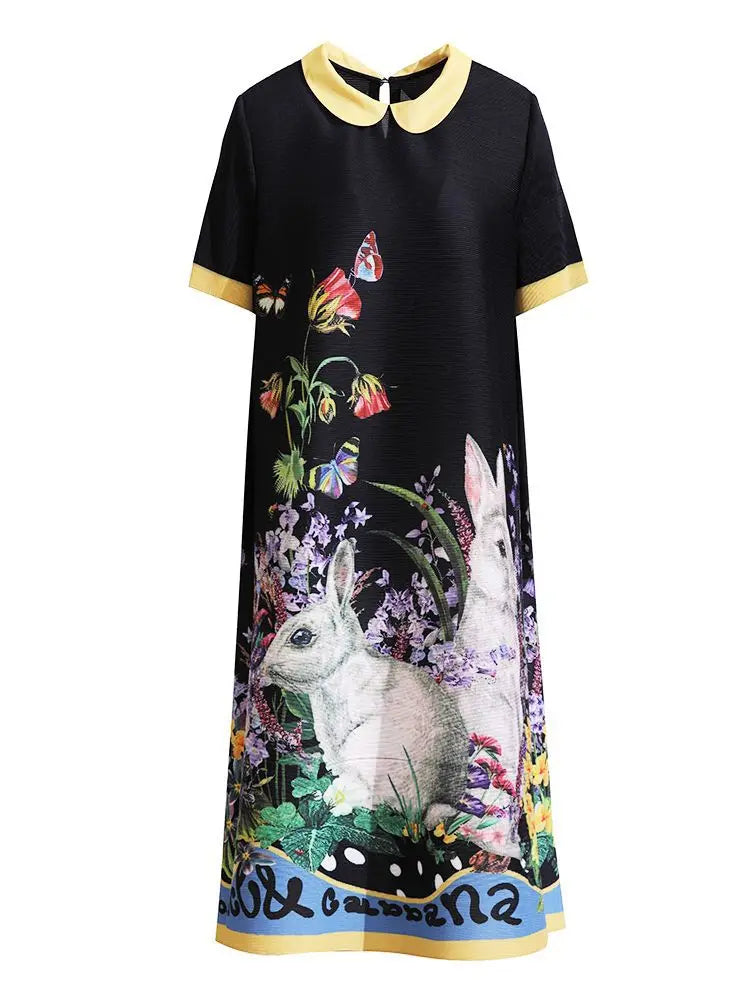 Summer short sleeved dress 2024 new pleated fashion print oversized women's black dress  vestidos de mujer