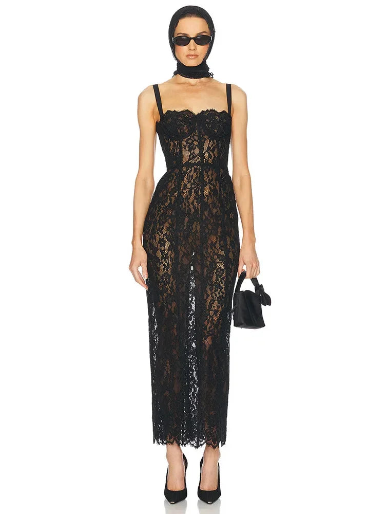 Women's Black Floral Lace Square-Neck Maxi Dress