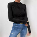 Slim Fit Long Sleeve T-Shirt Women's Base Shirt Pure Color Design Pleated Versatile Top Polyester Spandex Knitted Street Style