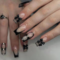 24PCS Black French Pointed Nail, Medium Square Fake Nail Design, Black Bow, Fully Covered Fake Nail