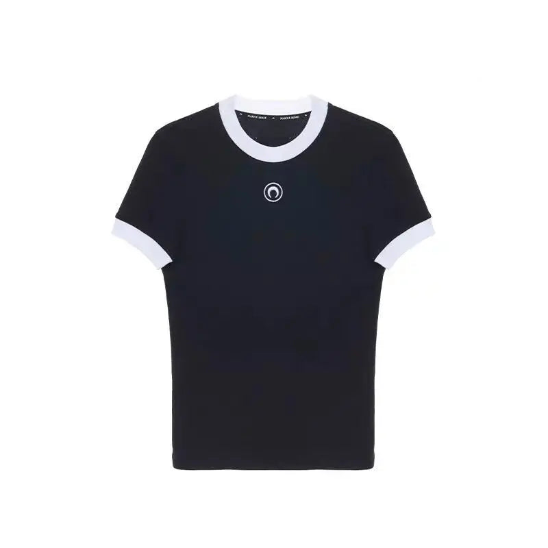 Embroidered Moon Tshirt Women Summer Short Sleeve Round Neck Color Contrast Casual Streetwear Versatile New High Street Tops