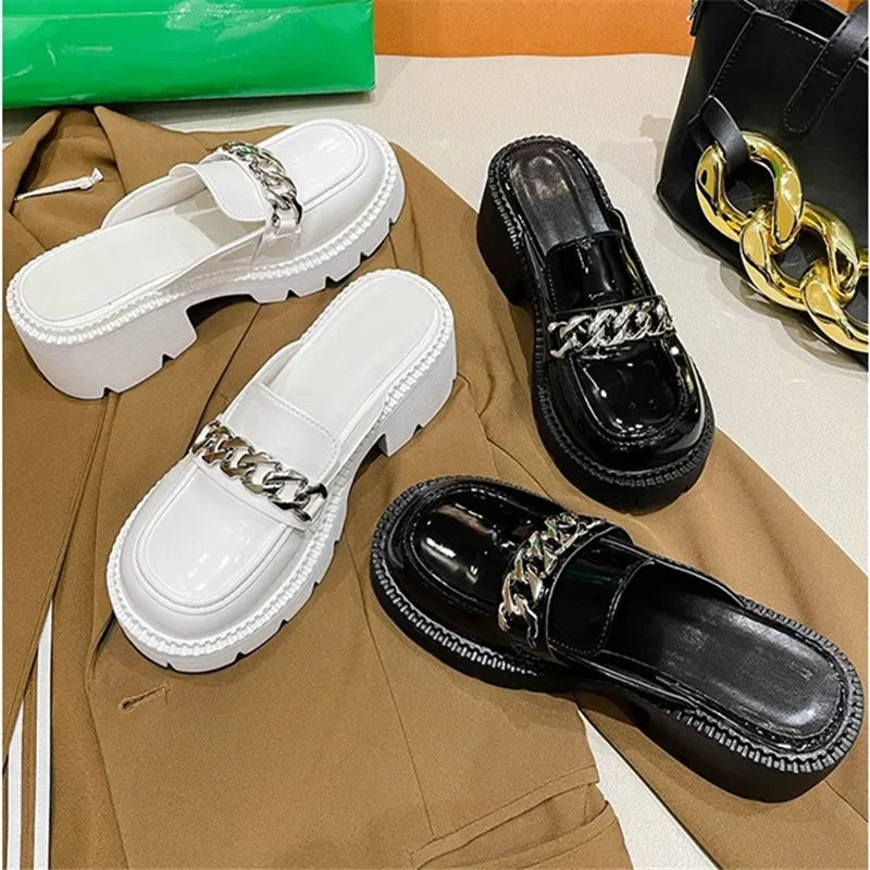 Women's Elevated Platform House Slippers Female Slides Shoes Square Heel Mules Fashion Loafers Med Cover Toe Heels Clogs Summer