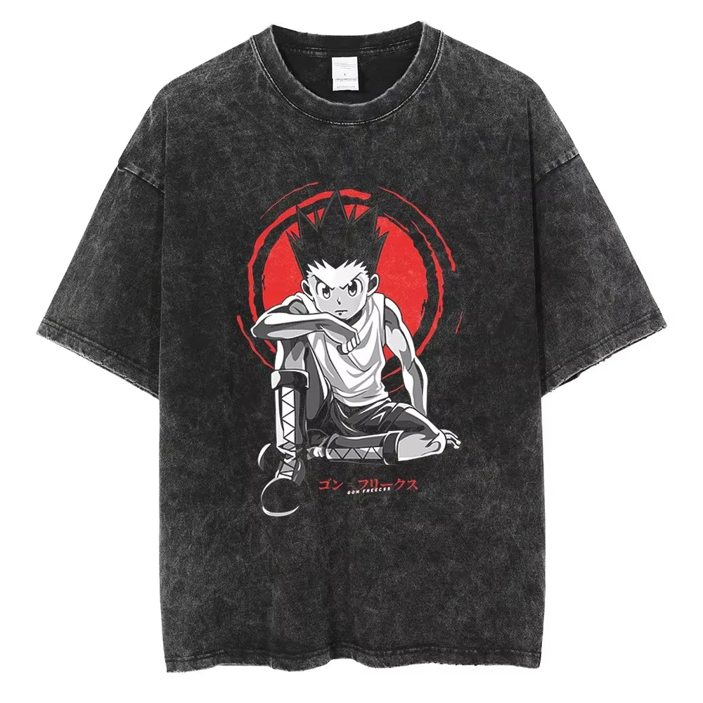 HUNTER×HUNTER T Shirt Kurapika Manga Tshirt Men Women Hip Hop Washed Cotton T-shirt Clothing Summer Short Sleeve Tees Streetwear