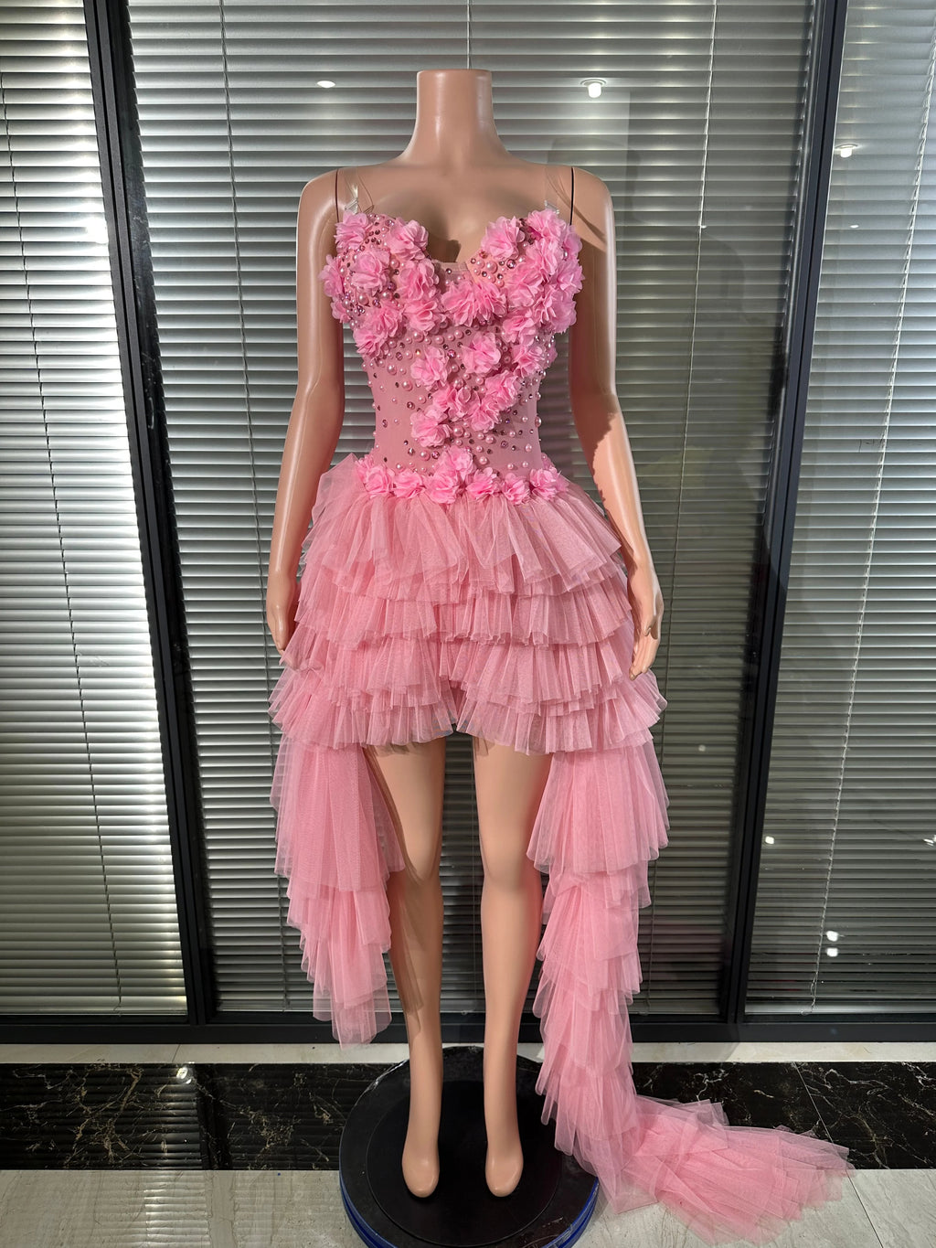 Sexy Pink 3D Floral Tulle Mini Dress Spaghetti Strap Rhinestone Embellished Layered Tulle High Low Outfit Birthday Party Costume