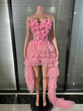 Sexy Pink 3D Floral Tulle Mini Dress Spaghetti Strap Rhinestone Embellished Layered Tulle High Low Outfit Birthday Party Costume