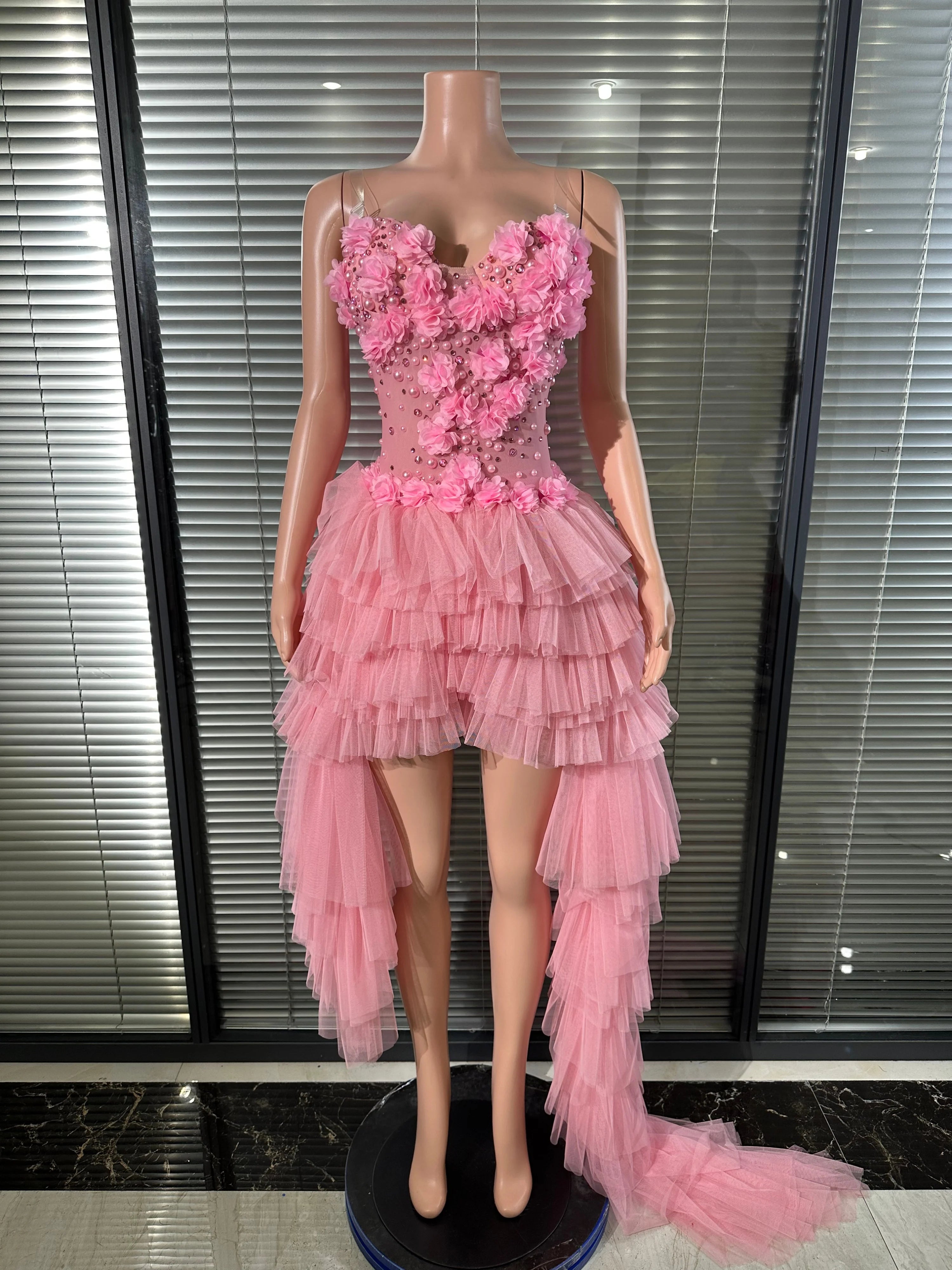 Sexy Pink 3D Floral Tulle Mini Dress Spaghetti Strap Rhinestone Embellished Layered Tulle High Low Outfit Birthday Party Costume