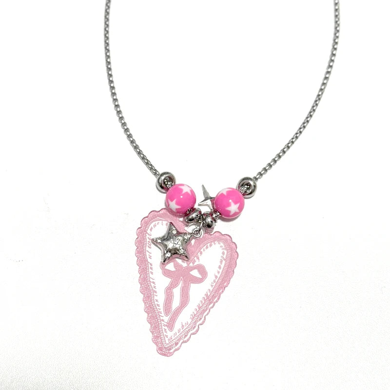 Pink Star, Lace & Bow Y2K Pendant Necklace