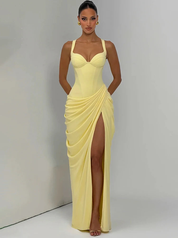 Mozision Women Sexy Maxi Dress Sleeveless Sweetheart Neck High Split Draped Ruched Long Party Dress Formal Wedding Guest Dress