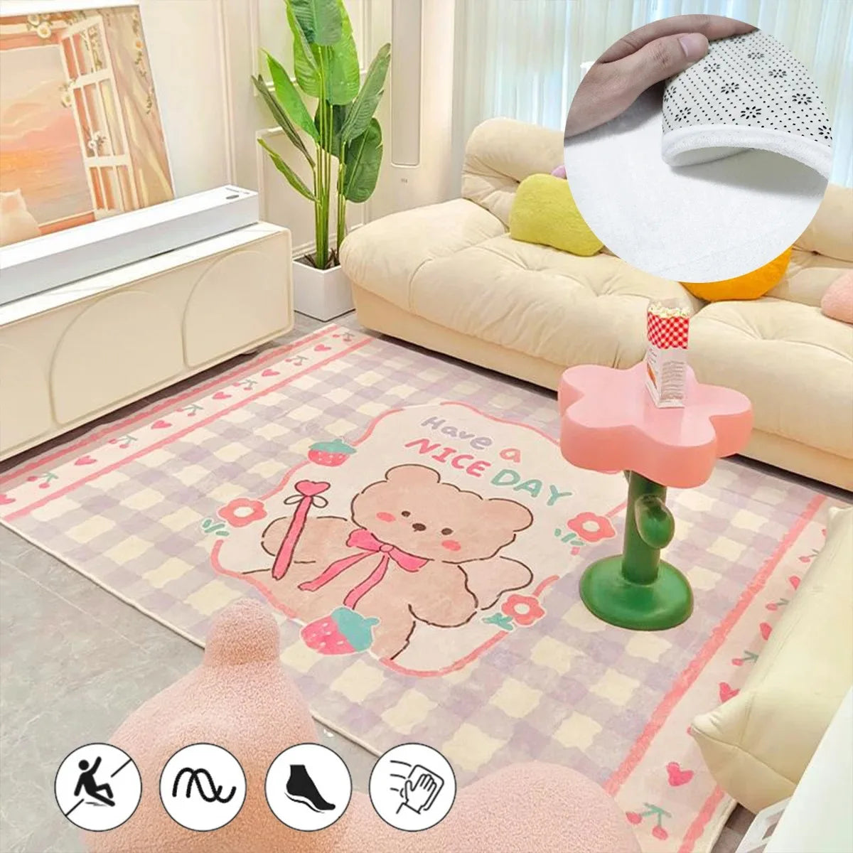 Pink Cartoon Girl Short-Plush Bedroom Rug