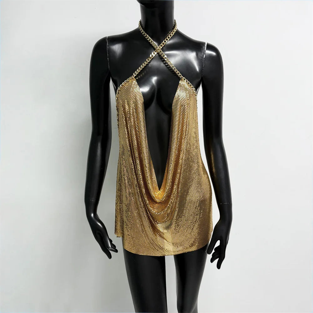 Sexy Women Deep V Neck Backless Mini Dress Shiny Metal Sequins Halter Neck Sleeveless Short Dress Rave Vocal Concert Party Dress