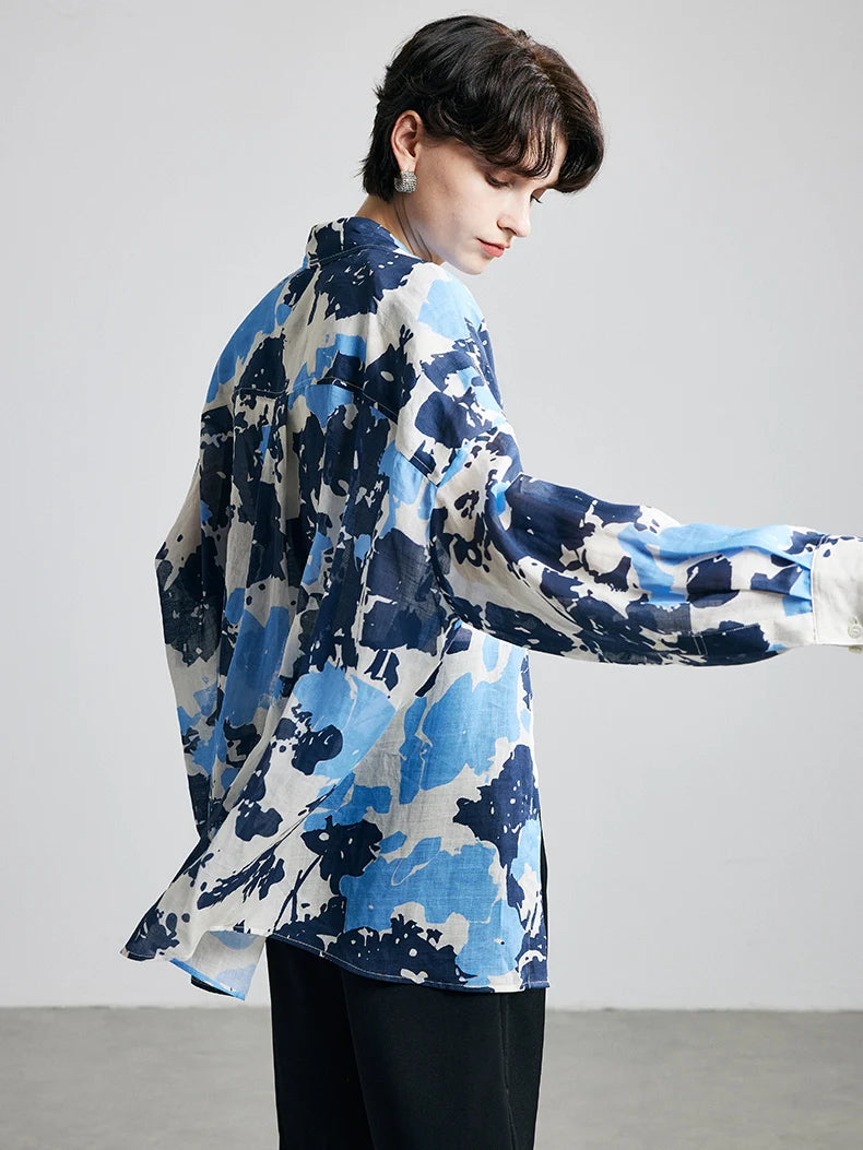 SuyaDream,Woman Printed Shirts, 100%Ramie, Turn Down Collar, Chic Blouses, 2025 Spring Summer Casual Top, Blue, Green, Yellow