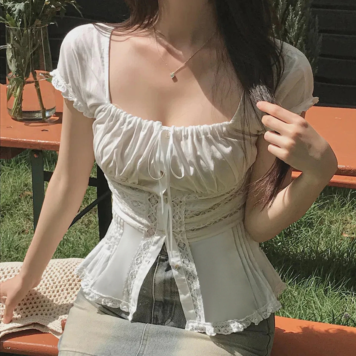 Fairycore Square-Neck Lace Puff-Sleeve Crop Top