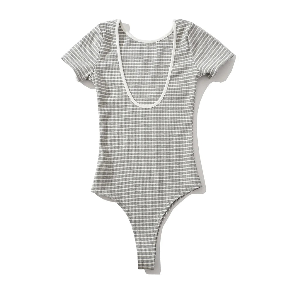 Sexy lingerie black and white striped short sleeve bodysuit women korean fashion tops for women 2024 bodycon bodysuits knitted