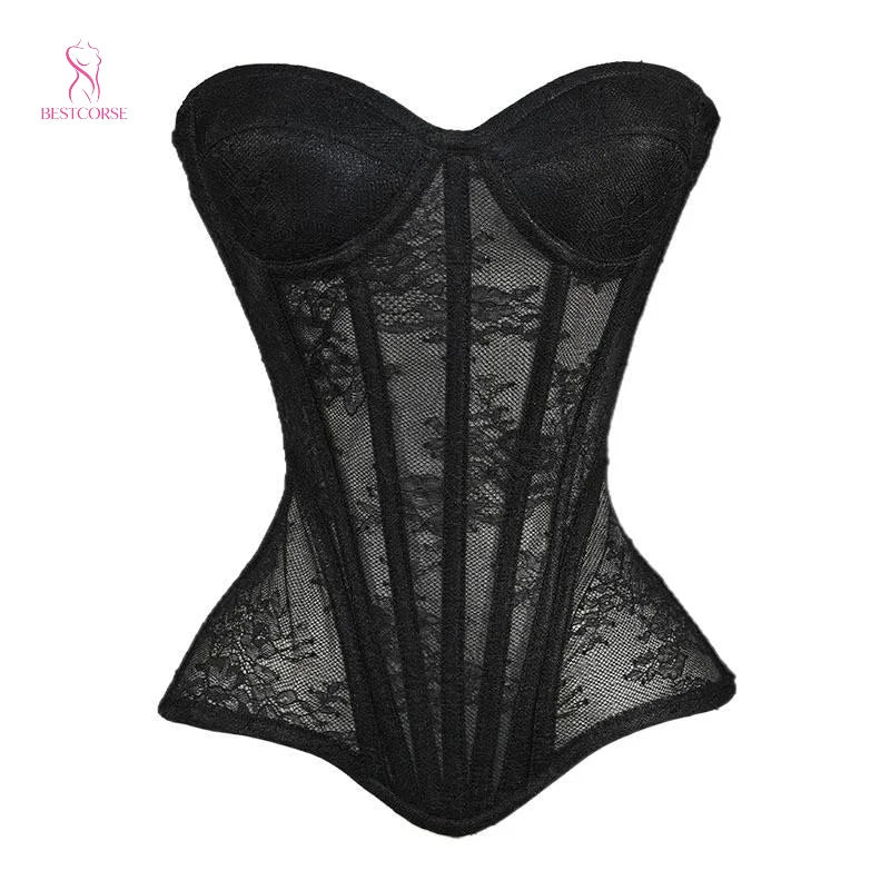 XXS Luxury Victorian Elegant Black Sexy Mesh Corset Tight Extreme Bustier Top With Cup Steel Bone Waist Cincher Sculpting Curve