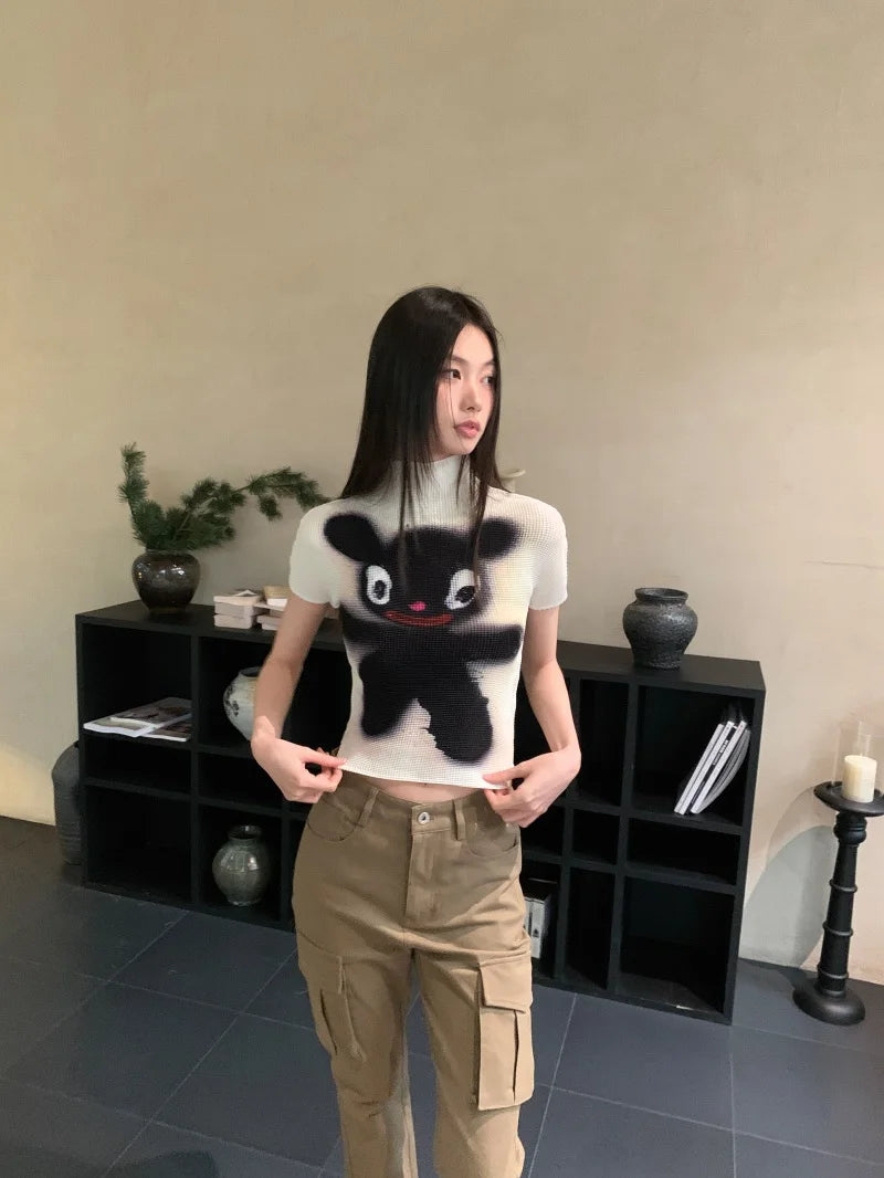 Pleated Cartoon Y2K Crop T-Shirt