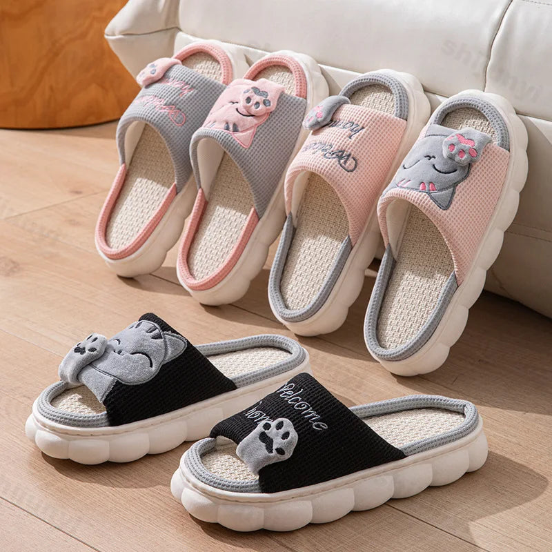 Women House Casual Slippers 2026 Spring Autumn Linen Platform Cute Cartoon Cat Floor Indoor Slippers Fashion Elegant Home Shoes