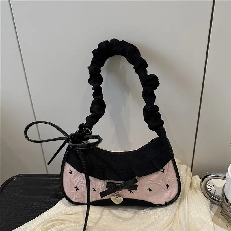 Contrast Lace Bow Pleated Shoulder Bag