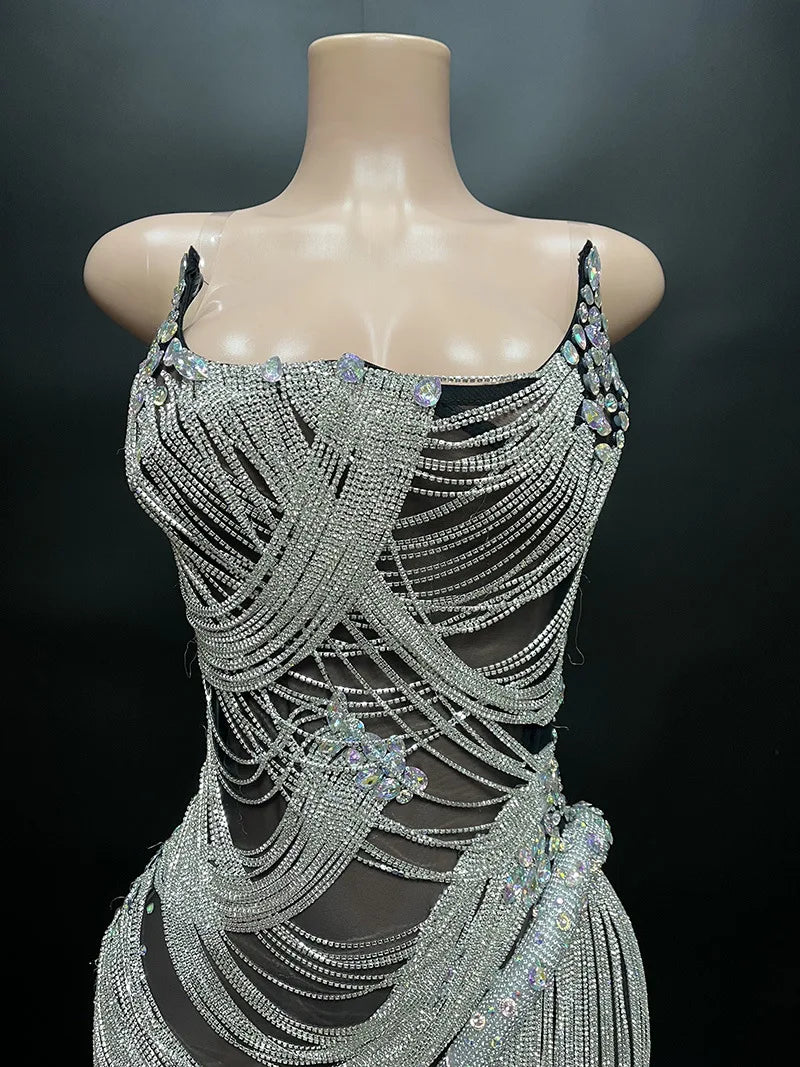 Luxury Dress Sexy Women's Shiny Beaded Rhinestone Dress Silver Stage Talent Performance Dress Birthday Celebration Party Dress