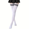 1Pair Women's Thigh High Socks For Autumn/winter Season Solid Color Three Bar Long Tube Socks