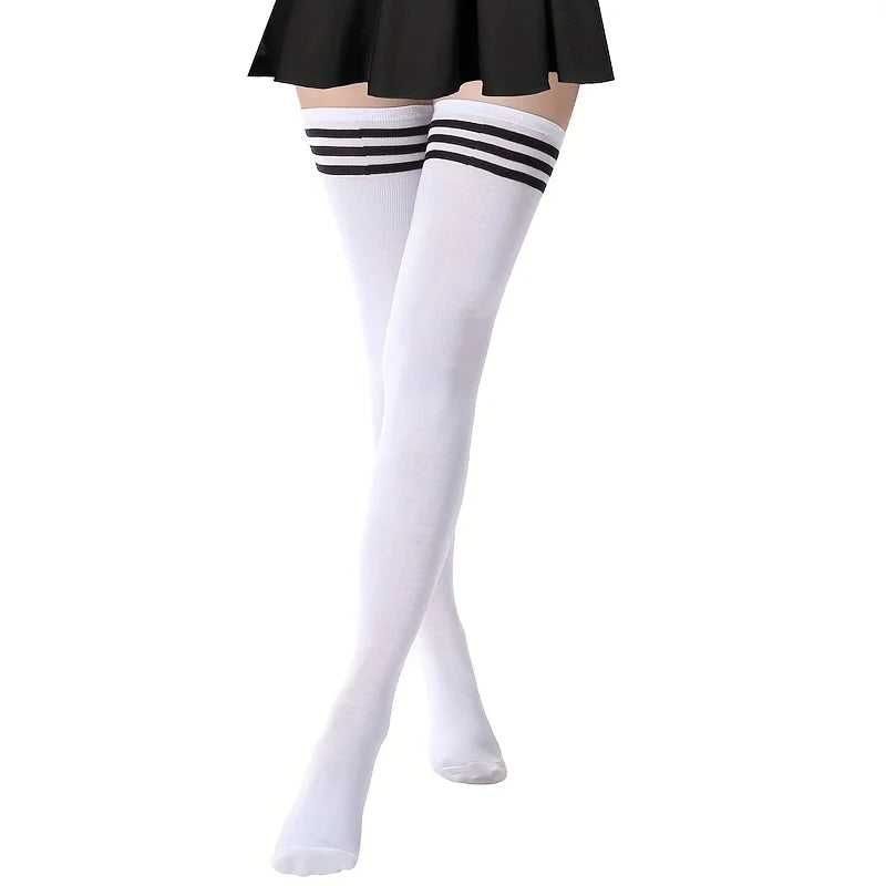 1Pair Women's Thigh High Socks For Autumn/winter Season Solid Color Three Bar Long Tube Socks