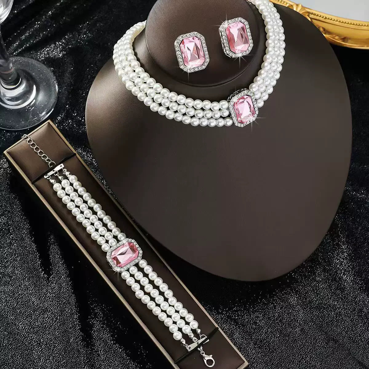 White Pearl Jewelry Set For Women Bridal Crystals Necklace Bracelet Earring Wedding Party Jewelry Sets