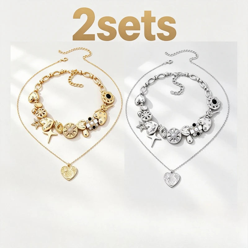 Vintage Layered Heart & Star Charm Necklace Set