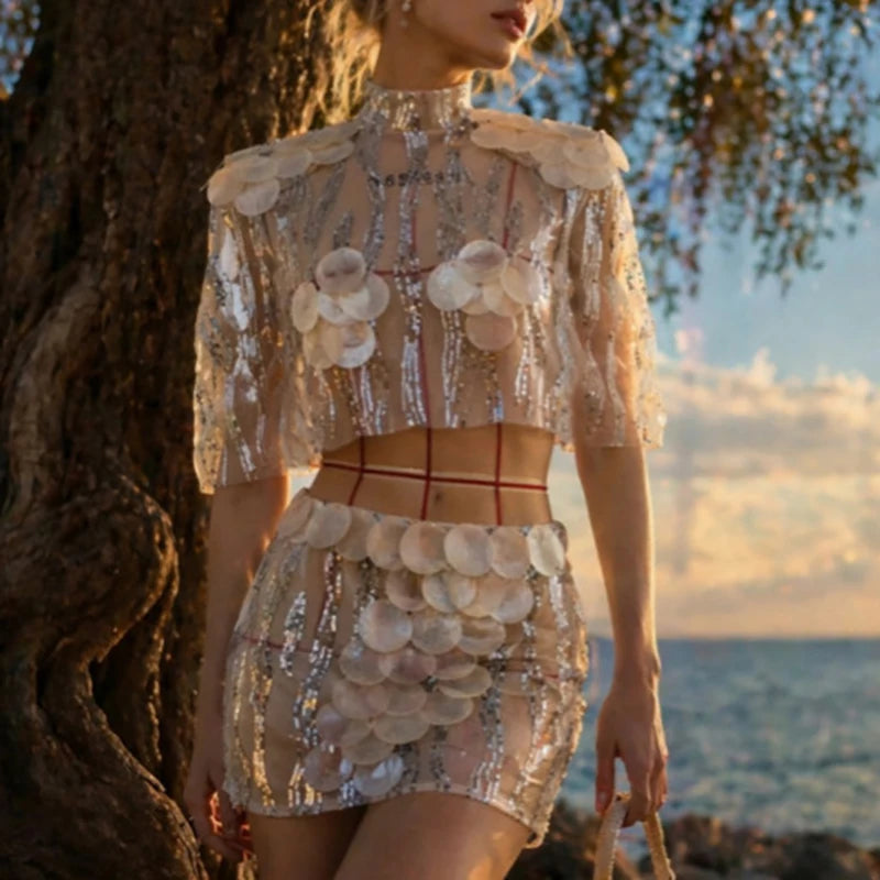 Sexy Women's Suits Fashionable Glitter Sequin Mesh Party Sets Spring O Neck Half Sleeve Crop Top & High Waist Mini Skirts Outfit