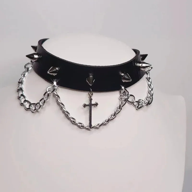 Silver-Tone Cross Wide Punk Choker Necklace